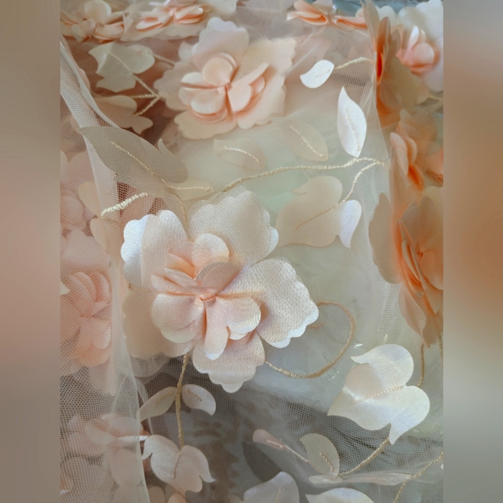 Blush Pink Floral Appliques Tulle Fabric